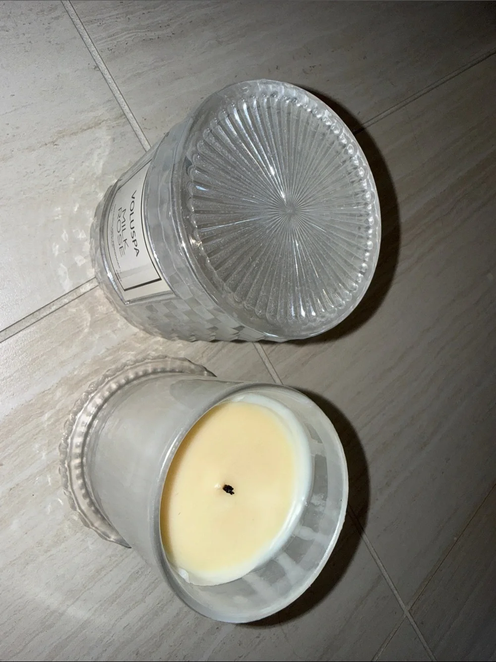 Voluspa Milk Rose Candle in Textured Cream Glass Jar